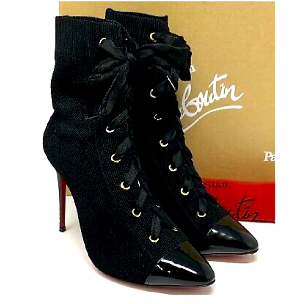 Authentic Christian Louboutin Black Stretch Boots Front Laces Size 37.5 US 7.5